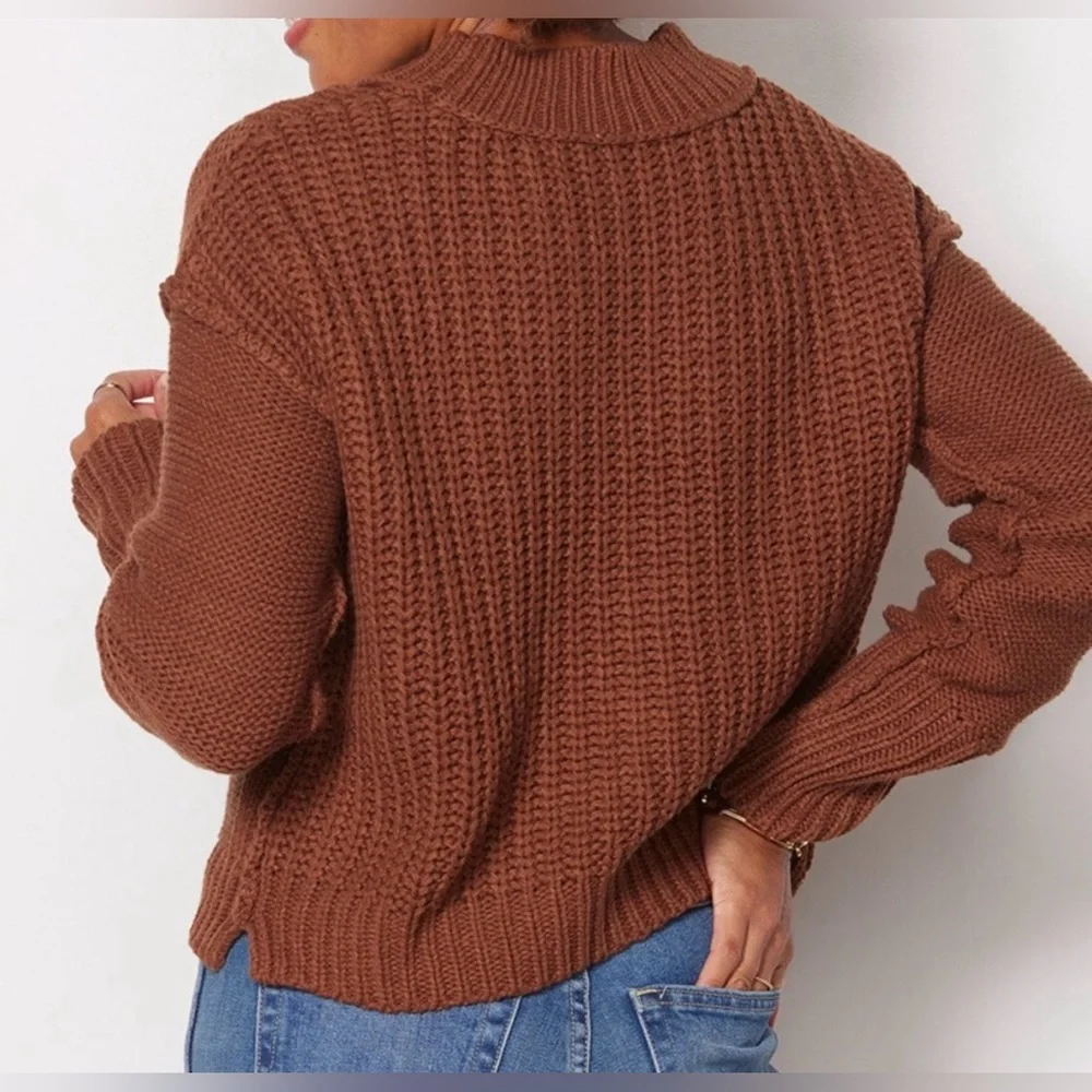 Free People Bell Song‎ Crewneck Chunky Knit Sweater Brown Cotton Blend Medium